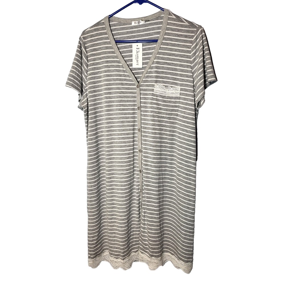NWT Womens Ekouaer Gray White Striped Short Sleeved Lace Hem Nightgown Large